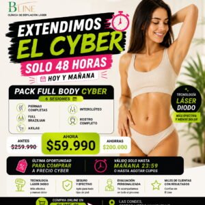 Piernas Completas + Full Brazilian + Axilas + Interglúteo + Rostro Completo | Pack Full Body Cyber | 6 sesiones | Solo 48 horas